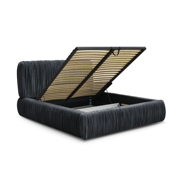 Svetlo modra oblazinjena zakonska postelja s prostorom za shranjevanje in letvenim dnom 180x200 cm Blair – Bobochic Paris-image-3