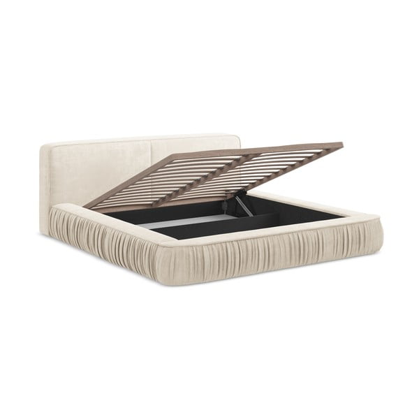 Kremasta oblazinjena zakonska postelja s prostorom za shranjevanje z rešetko 180x200 cm Keoni - Makamii-image-3