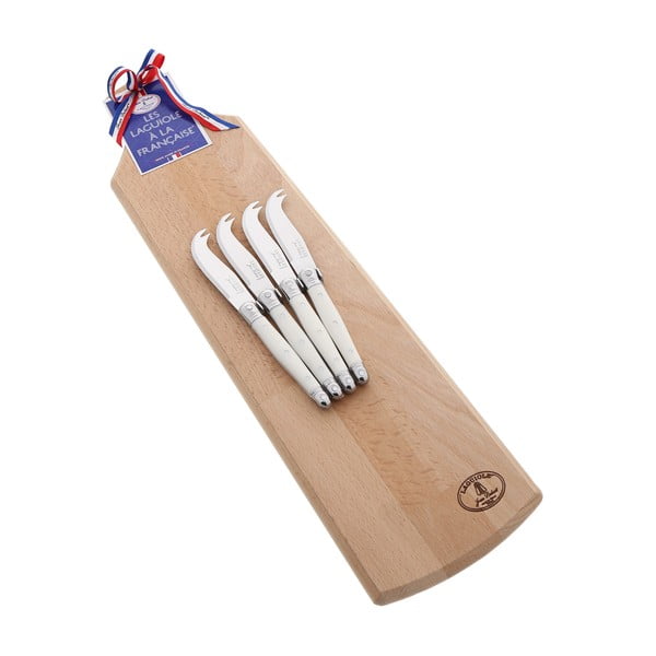 Komplet 4 belih nožev za serviranje sira z leseno desko za rezanje Jean Dubost