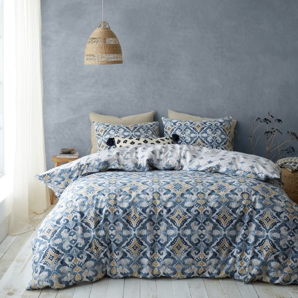 Modra/kremno bela enojna posteljnina 135x200 cm Inara Ikat – Pineapple Elephant