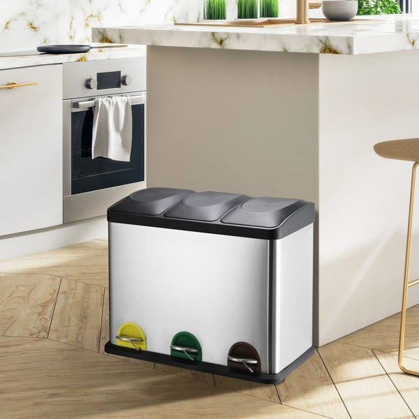 Jeklen koš za smeti za ločevanje odpadkov v mat srebrni barvi s pedalom 3x20 l Tri Selectif – MSV-image-1