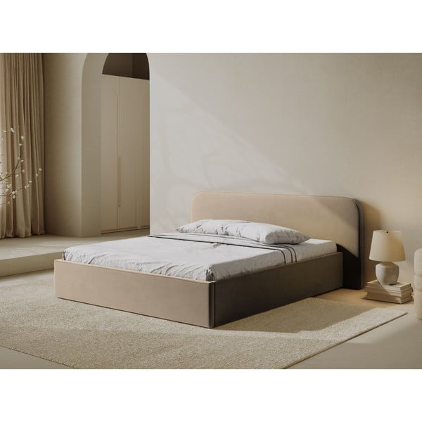 Sivorjava oblazinjena zakonska postelja s prostorom za shranjevanje in z letvenim dnom 140x200 cm Elizabeth – Micadoni -image-1