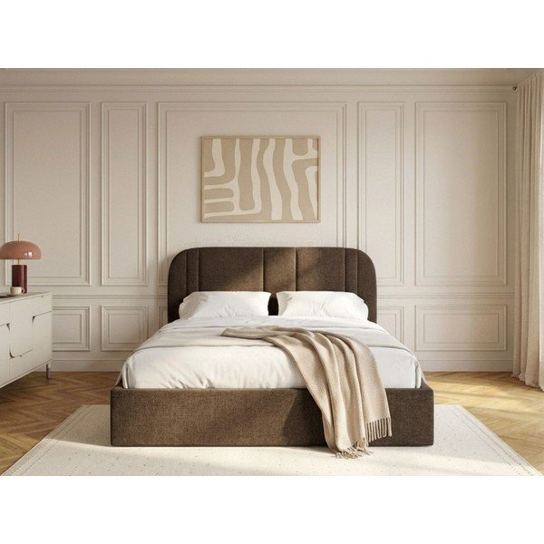 Rjava oblazinjena zakonska postelja s prostorom za shranjevanje z letvenim dnom 160x200 cm Sidney – Bobochic Paris-image-2