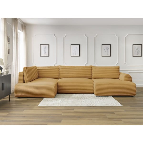 Gorčično rumena raztegljiva/s prostorom za shranjevanje kotna sedežna garnitura iz rebrastega žameta (levi kot/v obliki črke "U") Lucien – Bobochic Paris-image-1