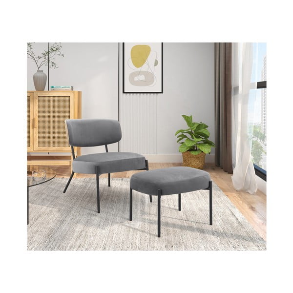 Siv žameten fotelj z naslonjalom za noge Jerry – Støraa-image-2