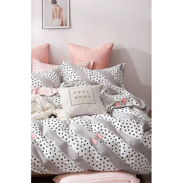 Bela/rožnata podaljšana bombažna posteljnina za zakonsko posteljo z rjuho 200x220 cm Bow and Polka-Dot – Mila Home-image-2