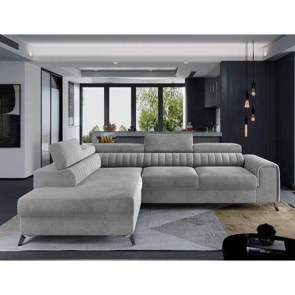 Siva žametna raztegljiva/s prostorom za shranjevanje kotna sedežna garnitura (levi kot/v obliki črke L) Laurence – ELTAP-image-1