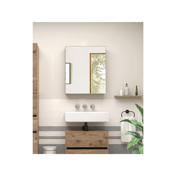 Stenska kopalniška omarica v hrastovem dekorju z ogledalom 60x70 cm Wisla – Støraa-image-3
