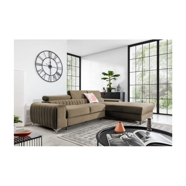 Svetlo rjava žametna raztegljiva/s prostorom za shranjevanje kotna sedežna garnitura (desni kot/z ležalnikom) Grayson – ELTAP-image-1