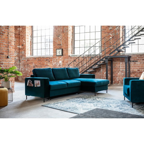 Modrozelena žametna raztegljiva kotna sedežna garnitura (desni kot) Lofty Lilly – Miuform-image-3