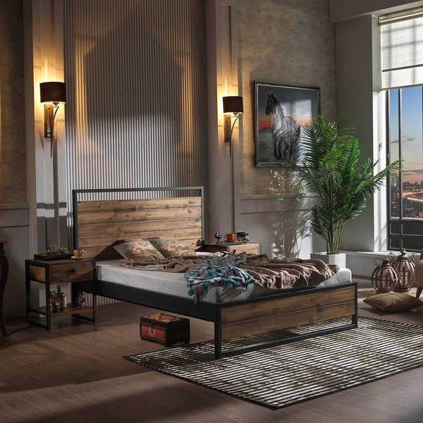 Črna/naravna zakonska postelja z letvenim dnom 140x200 cm Ariane – Kalune Design-image-1