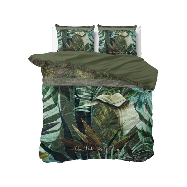 Zelena bombažna posteljnina za zakonsko posteljo Pure Cotton Botanic Garden, 200 x 200/220 cm
