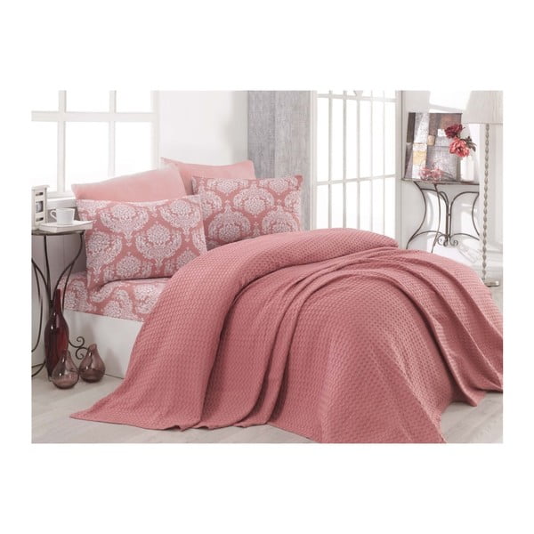 Komplet rožnatega bombažnega posteljnega pregrinjala, rjuhe in 2 prevlek za vzglavnik za zakonsko posteljo Turro Messo, 200 x 235 cm
