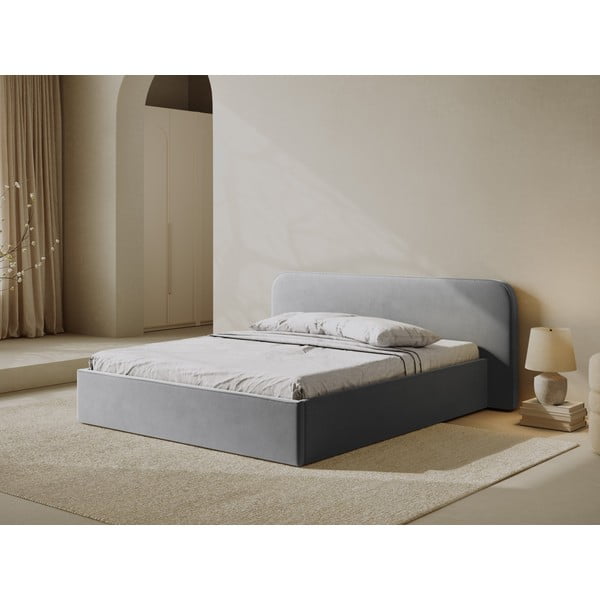 Svetlo siva oblazinjena zakonska postelja s prostorom za shranjevanje in z letvenim dnom 200x200 cm Elizabeth – Micadoni -image-1