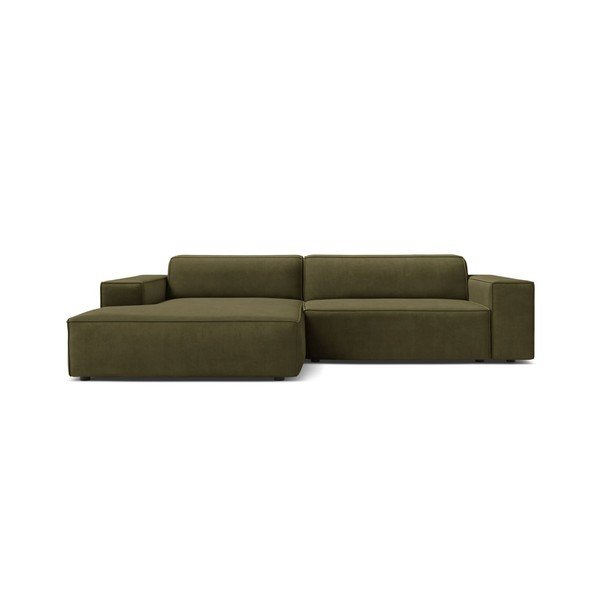 Kaki zelena žametna kotna sedežna garnitura (levi kot/z ležalnikom) Jodie – Micadoni -image-1
