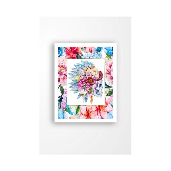 Stenska slika na platnu v belem okvirju Tablo Center Skull, 29 x 24 cm