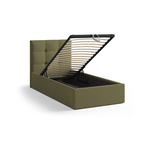 Zelena oblazinjena postelja s prostorom za shranjevanje in z letvenim dnom 90x200 cm Phaedra – Micadoni -image-1