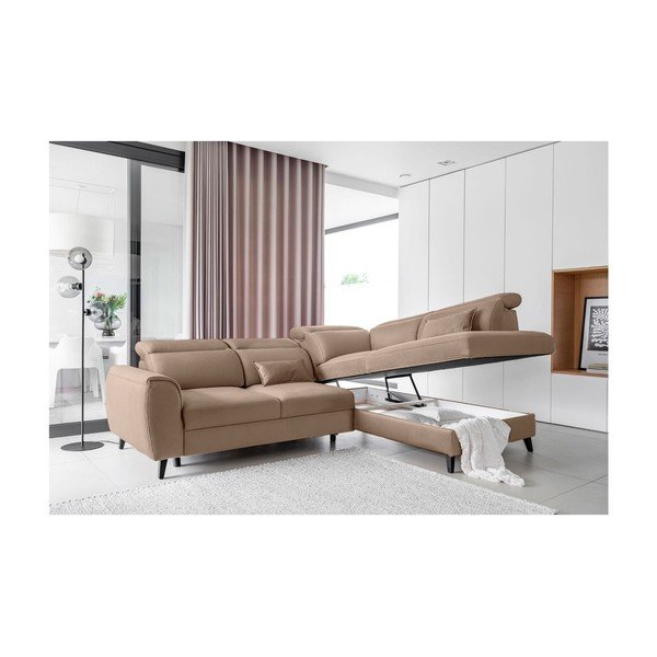 Svetlo rjava žametna raztegljiva/s prostorom za shranjevanje kotna sedežna garnitura (desni kot/v obliki črke L) Noble – ELTAP-image-3