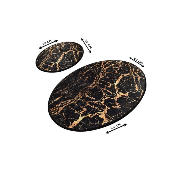 Komplet 2 črnih ovalnih kopalniških preprog Foutastic Gold Marble-image-2