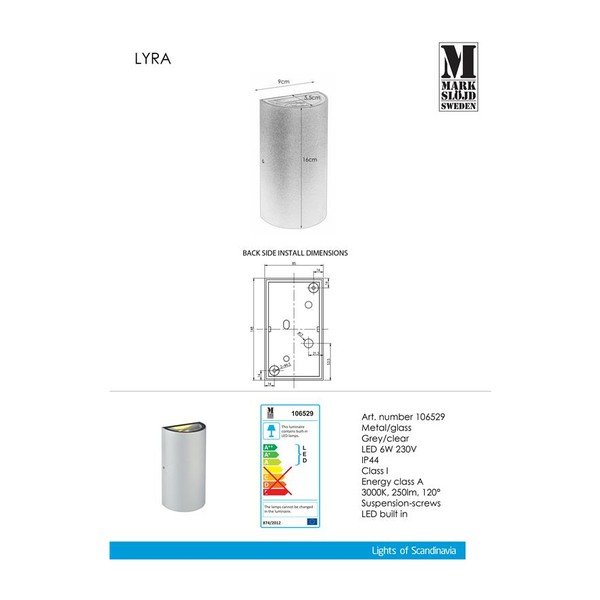 Siva stenska svetilka Markslöjd Lyra-image-2