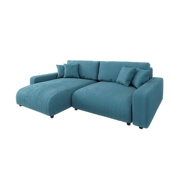 Turkizna raztegljiva kotna sedežna garnitura iz rebrastega žameta Sara – Ropez-image-2