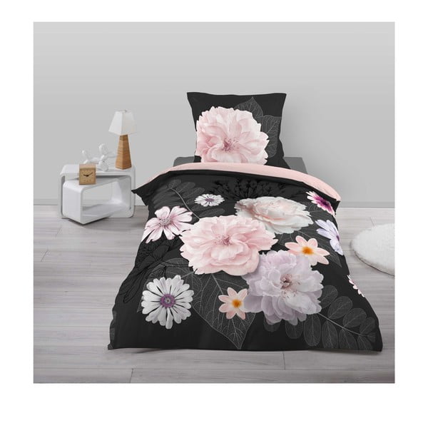 Črna/rožnata enojna bombažna posteljnina 140x200 cm Floral – douceur d'intérieur