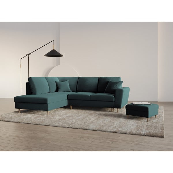 Modrozelena žametna raztegljiva kotna sedežna garnitura s prostorom za shranjevanje (levi kot/v obliki črke L) Kyoto – Cosmopolitan Design-image-2