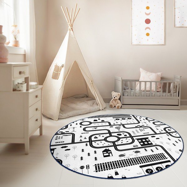 Črno-bela pralna otroška igralna preproga ø100 cm In My Town – Mila Home-image-2