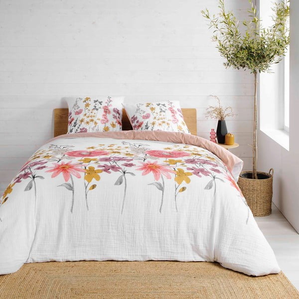 Bela/rožnata podaljšana posteljnina za zakonsko posteljo iz muslina 240x260 cm Rosine – douceur d'intérieur