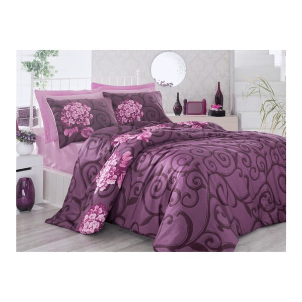 Vijolična posteljnina z rjuho za zakonsko posteljo Buket, 200 x 220 cm