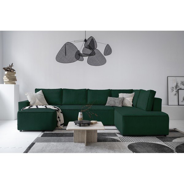 Temno zelena raztegljiva kotna sedežna garnitura iz rebrastega žameta (desni kot/v obliki črke "U") Brave Dave – Miuform-image-1