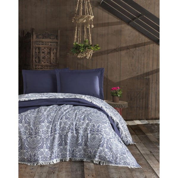Temno modro bombažno pregrinjalo za zakonsko posteljo EnLora Home Nish, 240 x 260 cm