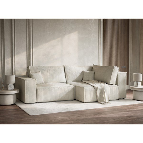 Kremno bela raztegljiva/s prostorom za shranjevanje kotna sedežna garnitura iz rebrastega žameta (desni kot/v obliki črke L) Tonga – Maison de Rêve-image-4