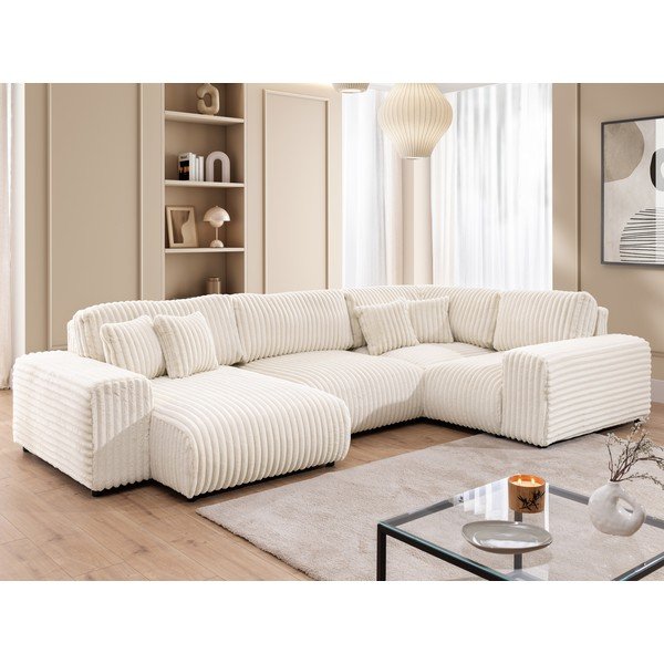 Kremno bela kotna sedežna garnitura iz rebrastega žameta (desni kot/v obliki črke "U") Justin – Ropez-image-4