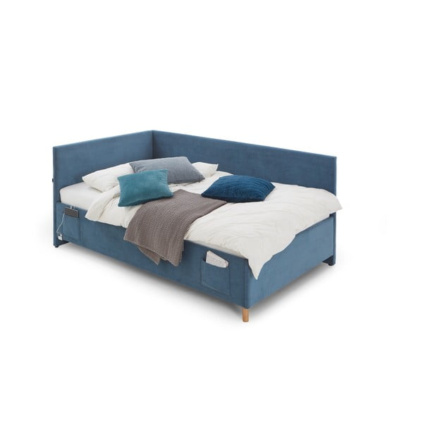 Modra oblazinjena kotna otroška postelja s prostorom za shranjevanje z letvenim dnom 140x200 cm Cool – Meise Möbel-image-3