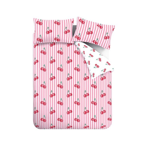 Bela/rožnata posteljnina za zakonsko posteljo 200x200 cm Disco Cherries Stripes – Catherine Lansfield