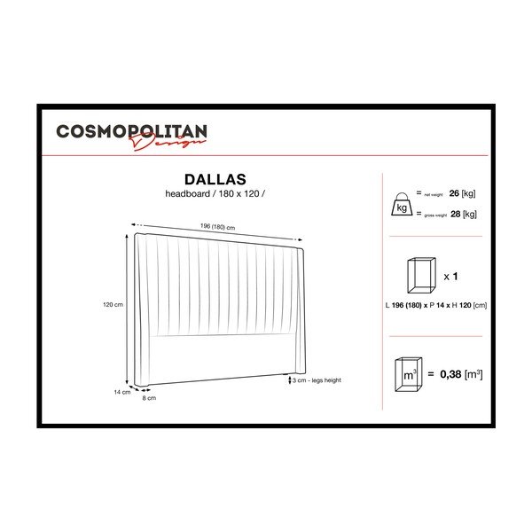 Črna vzglavna deska Cosmopolitan Design Dallas, 180 x 120 cm-image-4