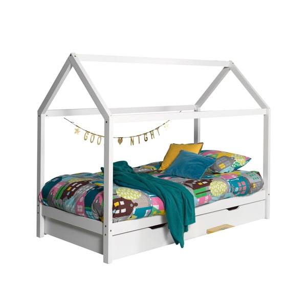 Bela otroška postelja iz masivnega bora v obliki hiške z dodatnim ležiščem in prostorom za shranjevanje 90x200 cm DALLAS – Vipack