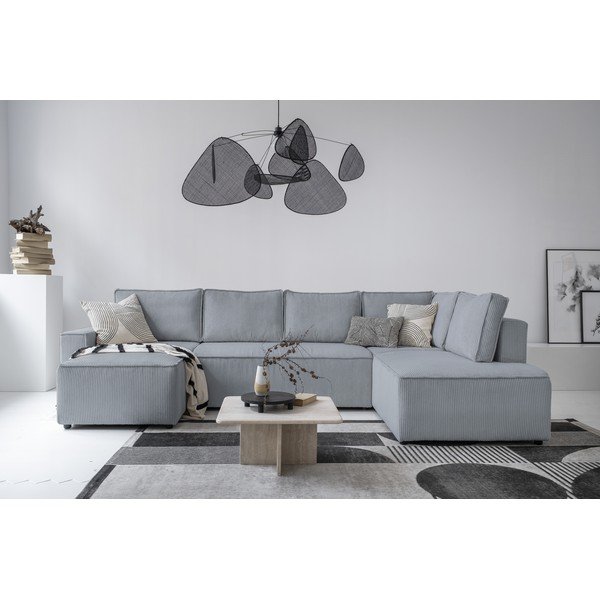 Svetlo siva raztegljiva kotna sedežna garnitura iz rebrastega žameta (desni kot/v obliki črke "U") Brave Dave – Miuform-image-1