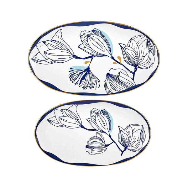 Komplet 2 beliih porcelanastih krožnikov z modrimi cvetovi Mia Bleu