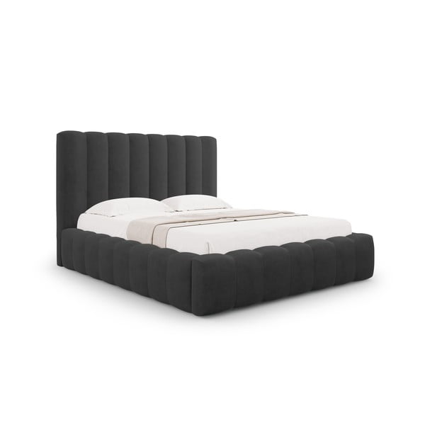 Antracitno siva oblazinjena zakonska postelja s prostorom za shranjevanje z letvenim dnom 160x200 cm Kelp – Micadoni Home-image-1