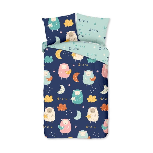 Modra enojna podaljšana bombažna otroška posteljnina 140x220 cm Sheep – Good Morning
