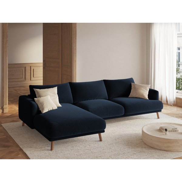 Temno modra žametna kotna sedežna garnitura (levi kot/z ležalnikom) Naomi – Micadoni -image-1