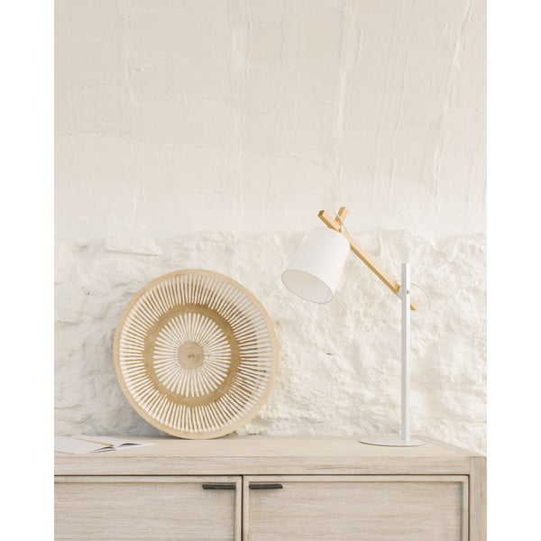 Bela namizna svetilka iz masivne akacije s tekstilnim senčilom (višina 65 cm) Kosta – Kave Home-image-1