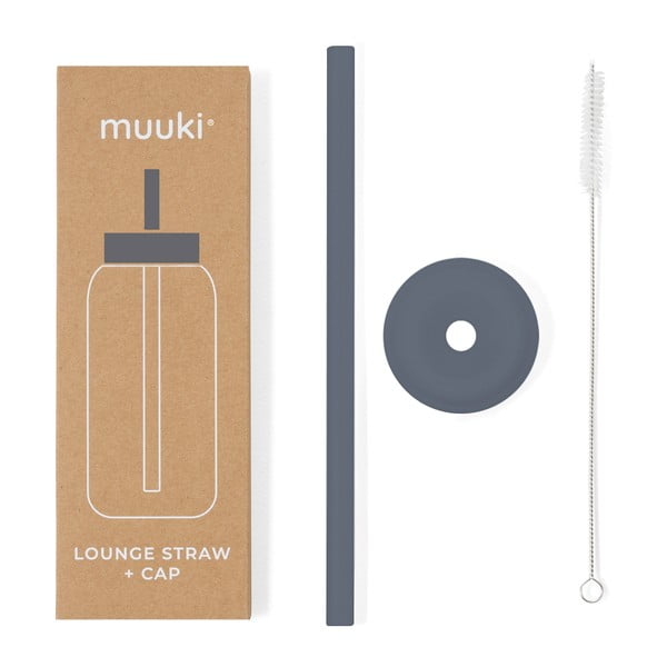 Silikonska slamica s čistilno krtačko in pokrovom Smoke Grey – Muuki