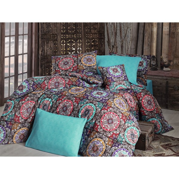 Posteljno perilo z rjuho za zakonsko posteljo Nazenin Home Ashley Turquoise, 200 x 220 cm