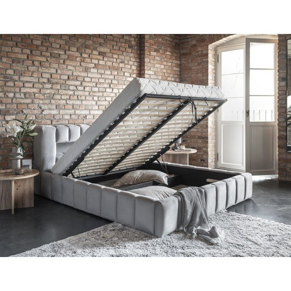 Svetlo siva oblazinjena zakonska postelja s prostorom za shranjevanje in z letvenim dnom 160x200 cm Lamica – ELTAP-image-3