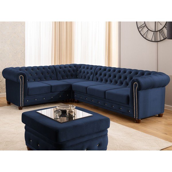 Modra žametna raztegljiva kotna sedežna garnitura (levi kot/v obliki črke L) York Blik – Ropez-image-1