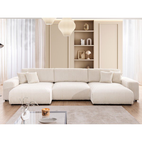 Kremno bela raztegljiva kotna sedežna garnitura iz rebrastega žameta s prostorom za shranjevanje (v obliki črke "U") Sarina – Ropez-image-1