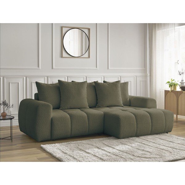 Kaki zelena raztegljiva kotna sedežna garnitura iz tkanine bouclé s prostorom za shranjevanje (desni kot/z ležalnikom) Roxelane – Bobochic Paris-image-3